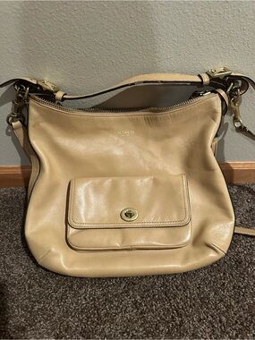 Coach Beige Pebble Leather Shoulder Bag with Front Turn-Lock Pocket